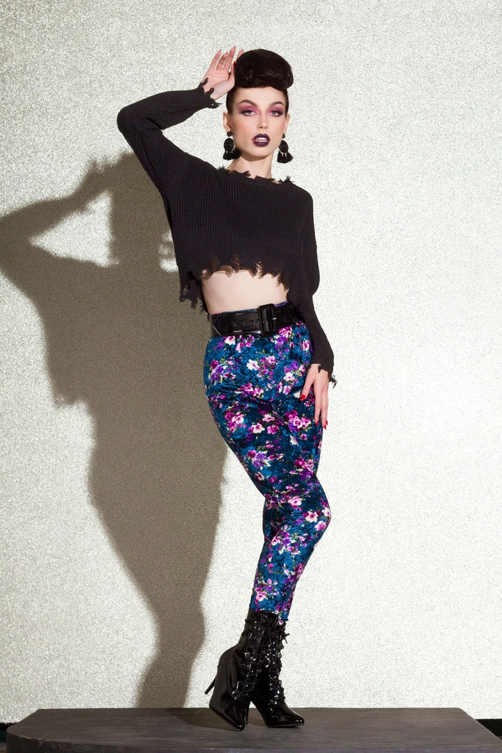 Traci Lords For Couture For Every Body Final Sale - Lola Pant Long Crushed Velvet Leggings In Blue Floral Print By Traci Lords 9 Traci Lords For Couture For Every Body Final Sale - Lola Pant Long Crushed Velvet Leggings In Blue Floral Print By Traci Lords