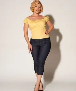 Pinup Couture Peasant Top In Yellow Stretch Cotton Sateen What's New, Pussycat?