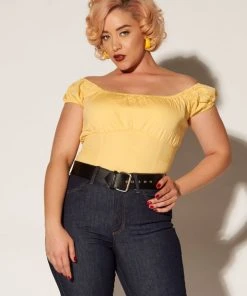 Pinup Couture Peasant Top In Yellow Stretch Cotton Sateen What's New, Pussycat?