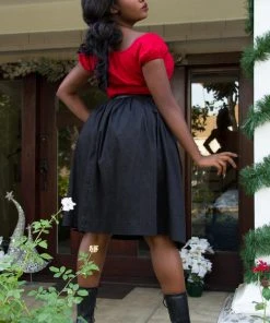 Shop All In-Stock Items By Size Petite Bella Vintage Gathered Swing Skirt In Solid Black Sateen | Pinup Couture