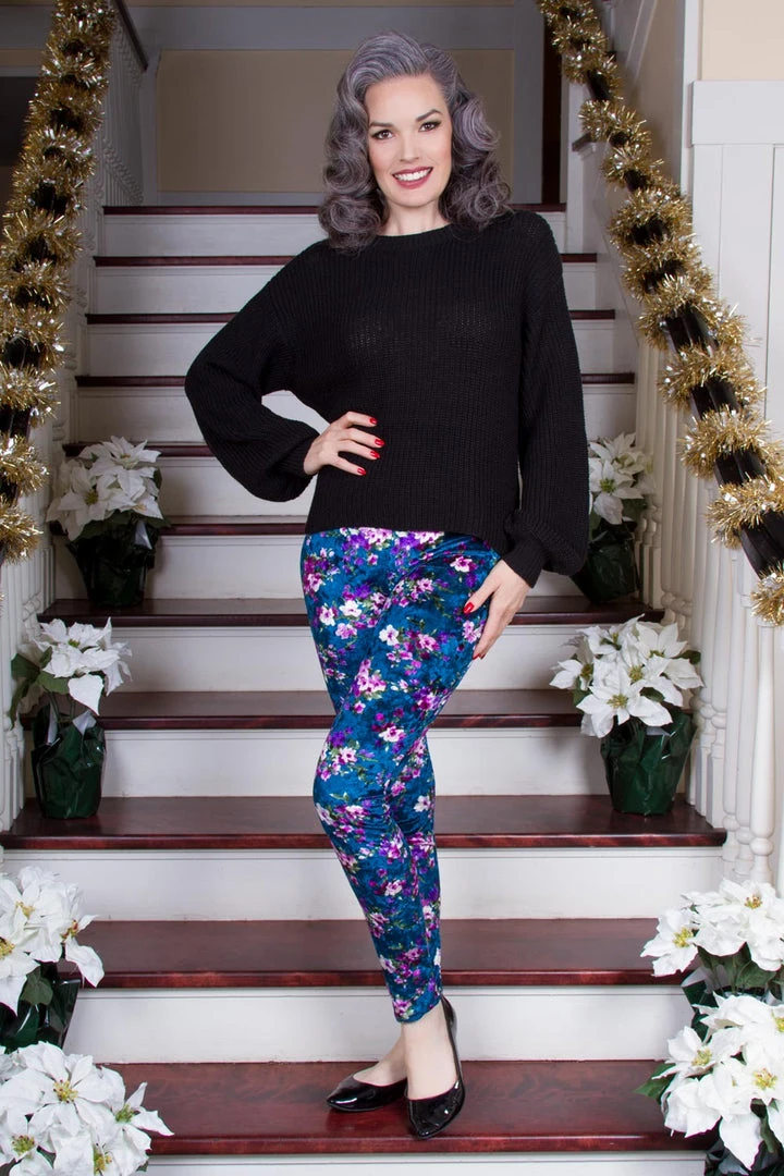 Traci Lords For Couture For Every Body Final Sale - Lola Pant Long Crushed Velvet Leggings In Blue Floral Print By Traci Lords 12 Traci Lords For Couture For Every Body Final Sale - Lola Pant Long Crushed Velvet Leggings In Blue Floral Print By Traci Lords