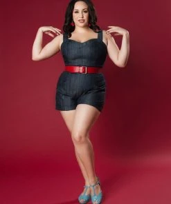 Laura Byrnes Design Final Sale - Laura Byrnes Daphne Short Overalls In Dark Blue Denim Shop All In-Stock Items By Size