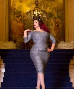Laura Byrnes Design Laura Byrnes California Monica Wiggle Dress In Black And Silver Lurex Knit Shop All In-Stock Items By Size