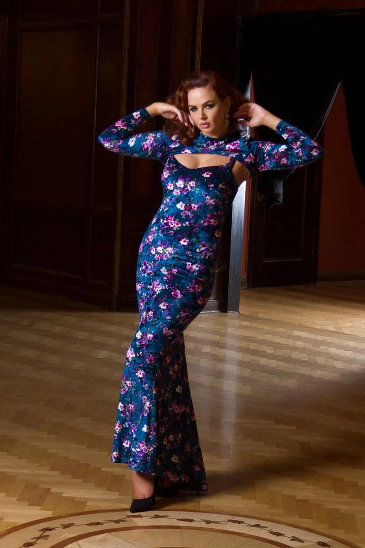 Traci Lords For Couture For Every Body Final Sale - Supreme Maxi Dress In Blue Floral Velvet With Removable Shrug | Traci Lords 12 Traci Lords For Couture For Every Body Final Sale - Supreme Maxi Dress In Blue Floral Velvet With Removable Shrug | Traci Lords