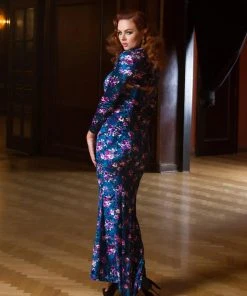 Traci Lords For Couture For Every Body Final Sale - Supreme Maxi Dress In Blue Floral Velvet With Removable Shrug | Traci Lords 15 Traci Lords For Couture For Every Body Final Sale - Supreme Maxi Dress In Blue Floral Velvet With Removable Shrug | Traci Lords