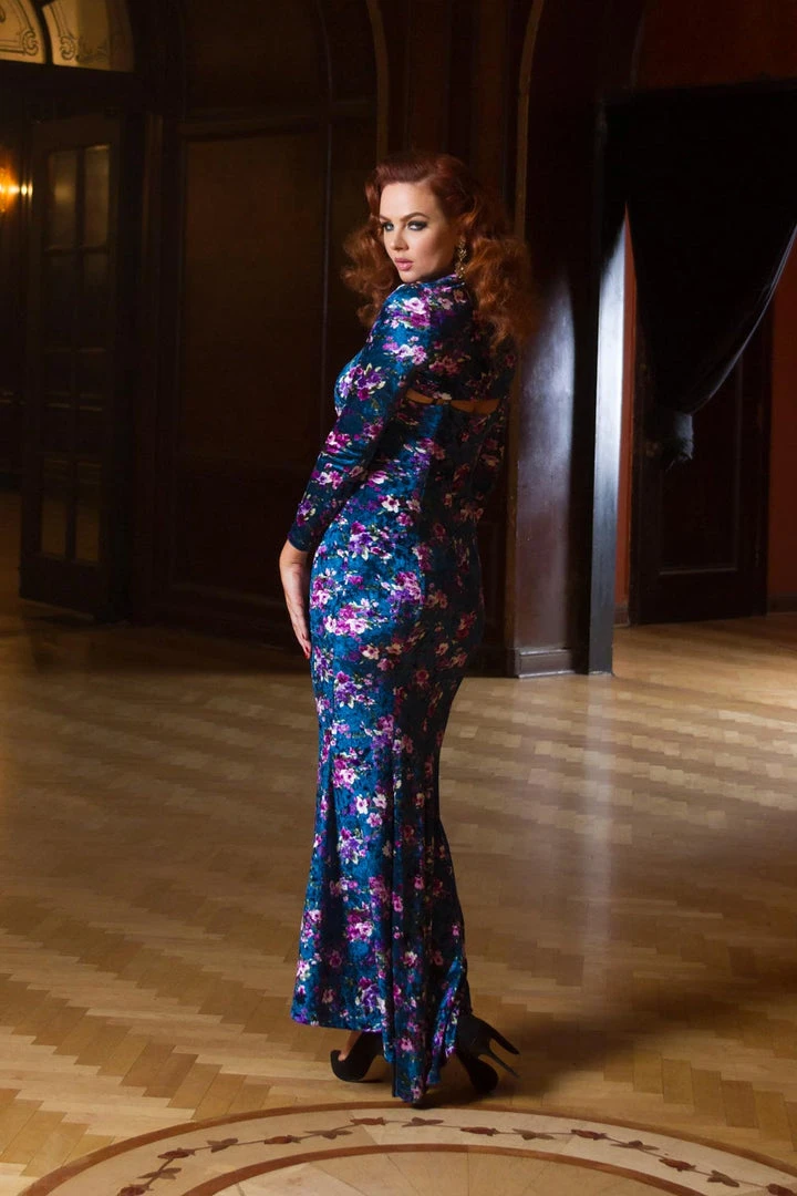 Traci Lords For Couture For Every Body Final Sale - Supreme Maxi Dress In Blue Floral Velvet With Removable Shrug | Traci Lords 6 Traci Lords For Couture For Every Body Final Sale - Supreme Maxi Dress In Blue Floral Velvet With Removable Shrug | Traci Lords