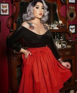 Shop All In-Stock Items By Size OYS - XS - S - Final Sale - Bella Vintage Gathered Skirt In Orange And Black Gingham Cotton Sateen | Pinup Couture