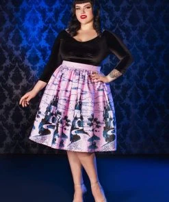 Final Sale - Bella Vintage Gathered Swing Skirt In Pink Fairy Tale Castle Print | Pinup Couture