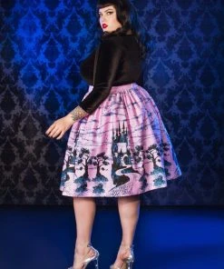 Shop All In-Stock Items By Size Final Sale - Bella Vintage Gathered Swing Skirt In Pink Fairy Tale Castle Print | Pinup Couture