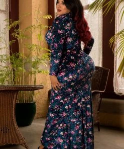 Traci Lords For Couture For Every Body Final Sale - Supreme Maxi Dress In Blue Floral Velvet With Removable Shrug | Traci Lords 20 Traci Lords For Couture For Every Body Final Sale - Supreme Maxi Dress In Blue Floral Velvet With Removable Shrug | Traci Lords