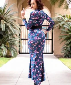Traci Lords For Couture For Every Body Final Sale - Supreme Maxi Dress In Blue Floral Velvet With Removable Shrug | Traci Lords 17 Traci Lords For Couture For Every Body Final Sale - Supreme Maxi Dress In Blue Floral Velvet With Removable Shrug | Traci Lords
