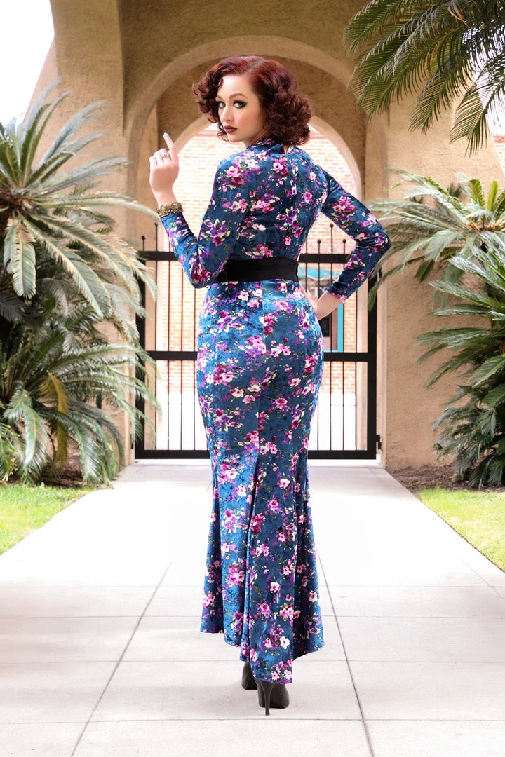 Traci Lords For Couture For Every Body Final Sale - Supreme Maxi Dress In Blue Floral Velvet With Removable Shrug | Traci Lords 8 Traci Lords For Couture For Every Body Final Sale - Supreme Maxi Dress In Blue Floral Velvet With Removable Shrug | Traci Lords