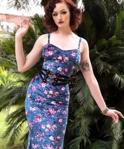 Traci Lords For Couture For Every Body Shop All In-Stock Items By Size Final Sale - Supreme Maxi Dress In Blue Floral Velvet With Removable Shrug | Traci Lords