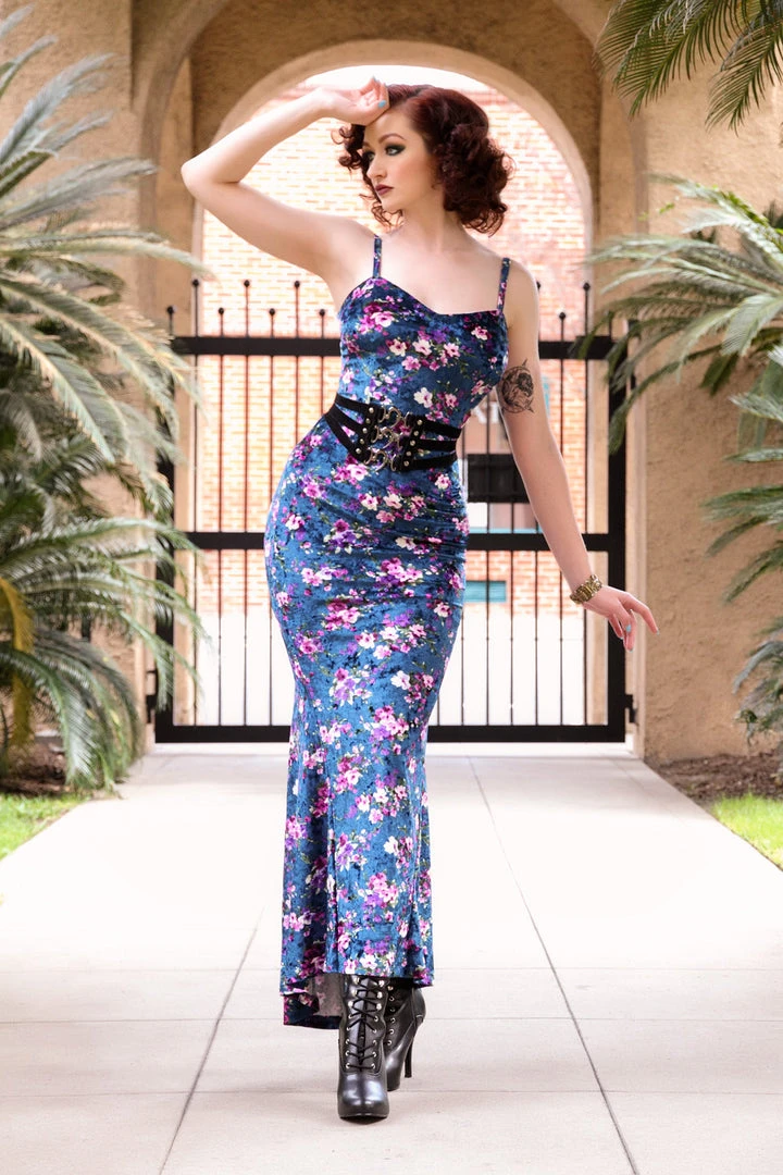 Traci Lords For Couture For Every Body Final Sale - Supreme Maxi Dress In Blue Floral Velvet With Removable Shrug | Traci Lords 9 Traci Lords For Couture For Every Body Final Sale - Supreme Maxi Dress In Blue Floral Velvet With Removable Shrug | Traci Lords