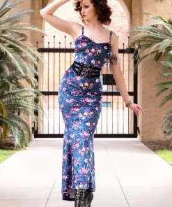 Traci Lords For Couture For Every Body Shop All In-Stock Items By Size Final Sale - Supreme Maxi Dress In Blue Floral Velvet With Removable Shrug | Traci Lords