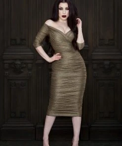 Laura Byrnes Design Final Sale - Laura Byrnes California Monica Wiggle Dress In Gold Lurex Shop All In-Stock Items By Size