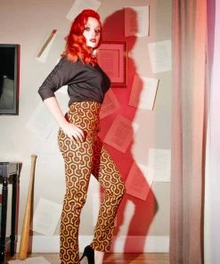 Laura Byrnes Design What's New, Pussycat? Vintage Tapered Long Trousers In Red Hexagon Hotel Print | Laura Byrnes